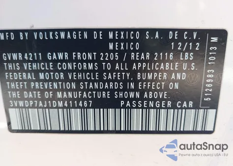 2013 Volkswagen Jetta Se from USA, damaged, VIN 3VWDP7AJ1DM411467